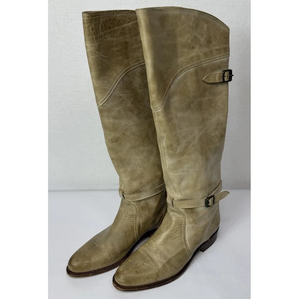 FRYE Dorado Tall Knee Riding Boots  Cream Tan Leather Buckle 77559 Women's Sz 9